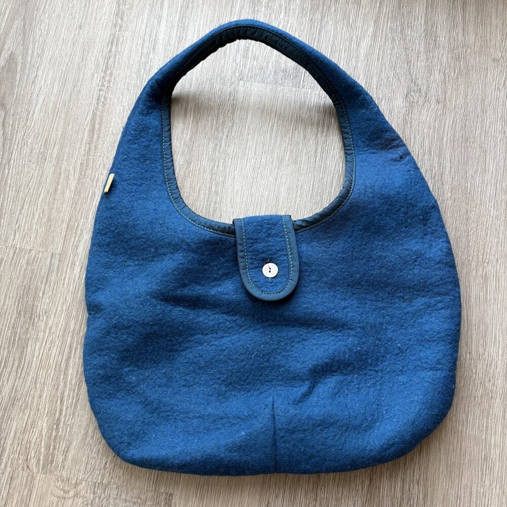 MIM Women's Hand Felted Wool Hobo Bag Blue Button Shoulder Tote Artisanal Boho O